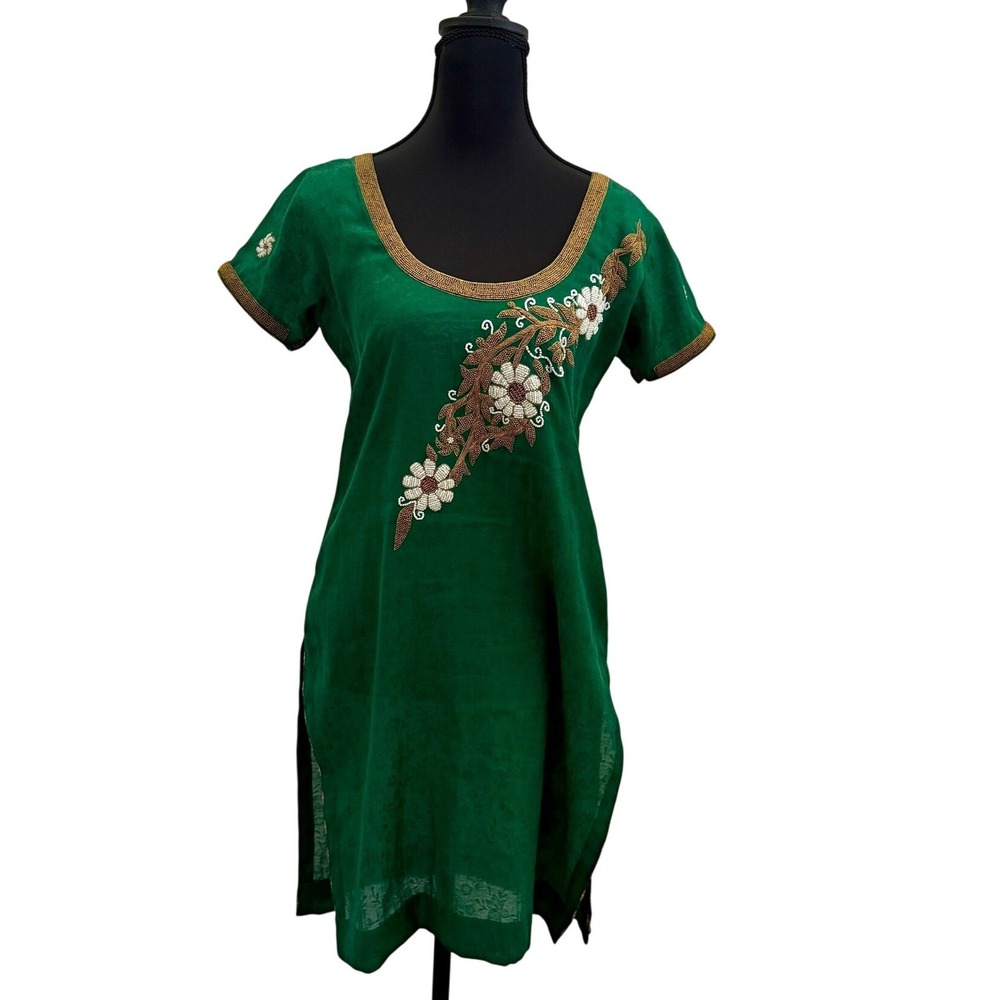 Green Beaded Floral Kurti Tunic Dress Gold White Embroidery Short Sleeve 36L